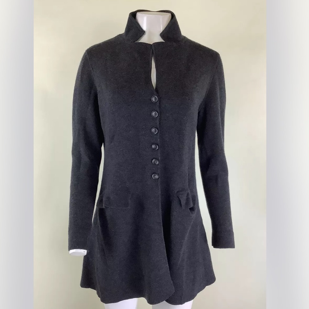 Eileen Fisher Sz M 100% Merino Wool Button Duster Cardigan Charcoal Gray
